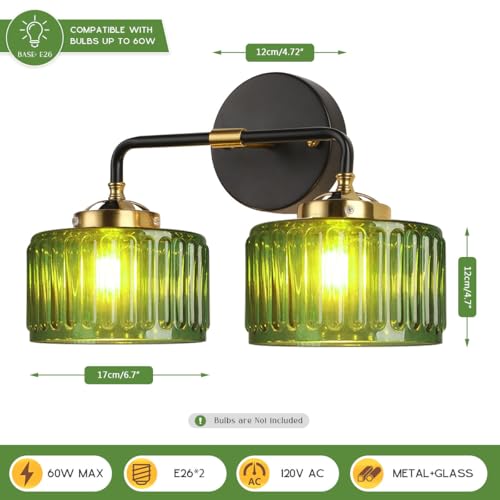 Image of Bathroom Light fixtures Mid Century Wall Sconce 2-Lights with Green Striped Shade Glass Wall Mount Light Modern Vanity Lights for Over Mirror Bedroom Hallway Overhead
