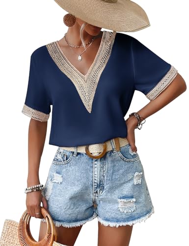 CMTOP Camisa Manga Corta Mujer Elegantes Blusas Mujer Verano Cuello en V Camisetas Camisa de Gase Casual Informal Blusa Color Sólido Tops(Azul Marino, L)