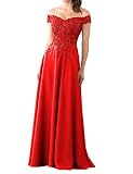 HUINI Abendkleider Lang Chiffon Ballkleid Brautjungfernkleider Spitze Brautkleider Vintage Hochzeit Partykleider Rot 38