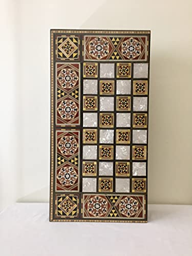 Handmade marquetry backgammon board mosaic pieces and mother of pearl inlaid with bone backgammon pieces
