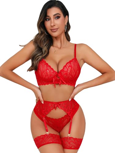 Sexy Lingerie for Women,3 Piece Lace Lingerie Set Bra and Panty Sets with Garter Belt Babydoll Teddy