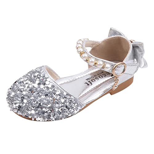 Girls White Dress Shoes Princess Low Shoes Dance Rhinestone Sandals Pumps Kids Little Heels Glitter Dress Sequins Girls (Silver-a, 30)
