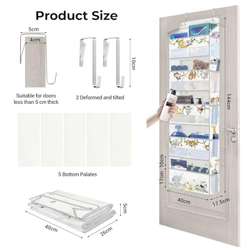 Clastyle Grey Animal Over the Door Organizer with 5 Pockets Elephant Monkey Nursery Hanging Storage Organizer for Kids Clothes Diaper Toy Closet Door Hanging Shelf Storage for Bedroom Bathroom Pantry - Image 3