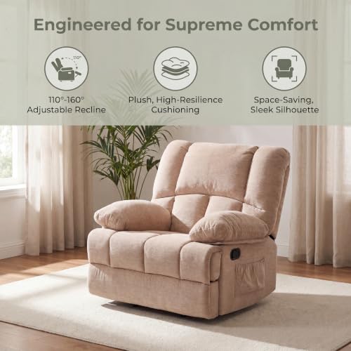 Image of Manual Lazy Boy Recliner Chair, Single Reclining Chair with Home Theater Seating, Oversized Breathable Living Room Chairs for Adults Reading, Gaming, Relaxing, Light Camel