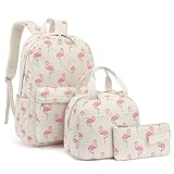 Xunteny Corduroy School Backpack Girls Kids Teens School Bookbags Schoolbag Set with Lunch Box Pencil Bag (Flamingo)