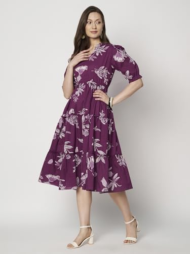 Image of PIDAVLIYA'S Women's Floral Summer Maxi Dress I Cotton Printed I One Piece Bodycon Midi Dress with V-Neck, Puffed Sleeves