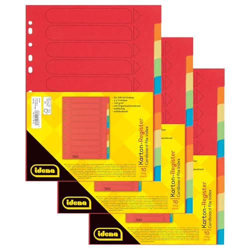 Idena 90267 - Karton-Register für DIN A4 Dokumente, 22,5 x 30 cm, 30 vollfarbige Trennblätter in 10 Farben, 150g/m², Organizer mit Eurolochung und Organisationsdruck