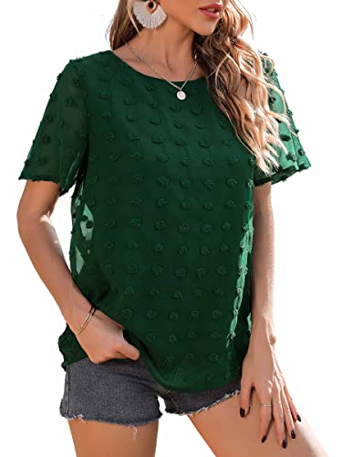 Neineiwu Womens Chiffon Blouse Summer Casual Round Neck Short Sleeves Pom Pom Shirts Tops (Dark Green,Large) #TOP2