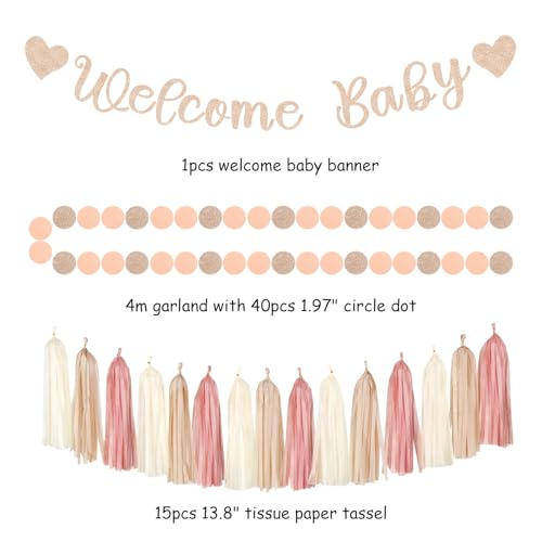 Image of Blush-Pink Rose-Gold Fall Baby-Shower Party-Decorations - 31pcs Welcome Home Banner Sign,Neutral Paper Lanterns,Girl Streamers Garland,Boho Hanging Tissue Pom Poms Flowers Fans Backdrop Decor Burgleda