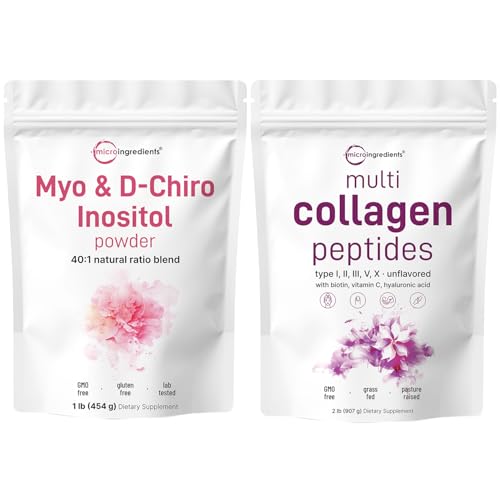 Micro Ingredients Multi Collagen Protein Powder 2lbs & Myo & D-Chiro Inositol Powder Bundle 2 Pack | Grass-Fed Collagen Peptides | Inositol Supplement for Women