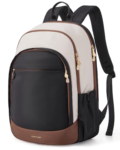 Image of LIGHT FLIGHT Travel Backpack for Women, 15.6 Inch Laptop Backpack with USB Charging Hole, Water Resistant College Bookbag, Large Capacity Black Computer Backpacks for Work, Beige+Black