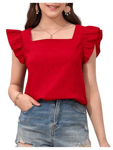 MakeMeChic Girl's Square Neck Ruffle Sleeve Blouse Cute Blouses Shirt Summer Casual Tops