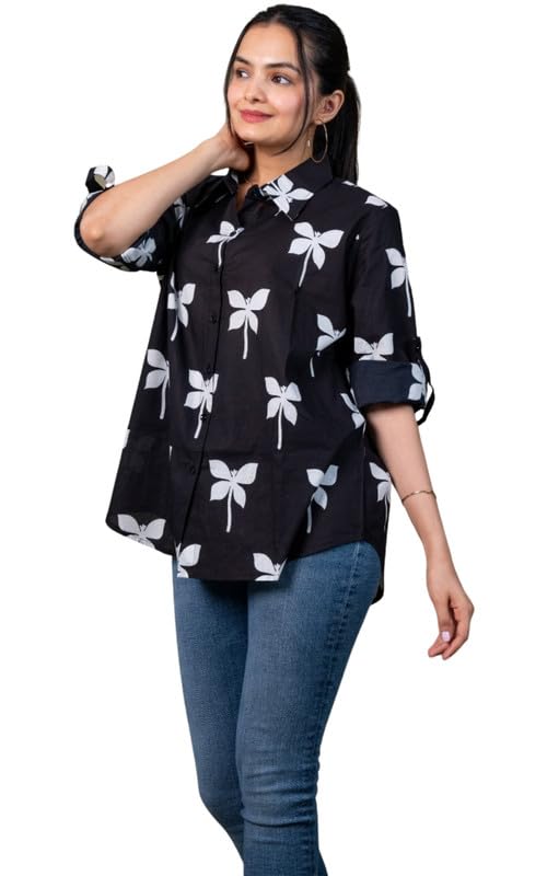 Women Cotton Black Printed Relaxed Fit Shirt for Women, Casual We...