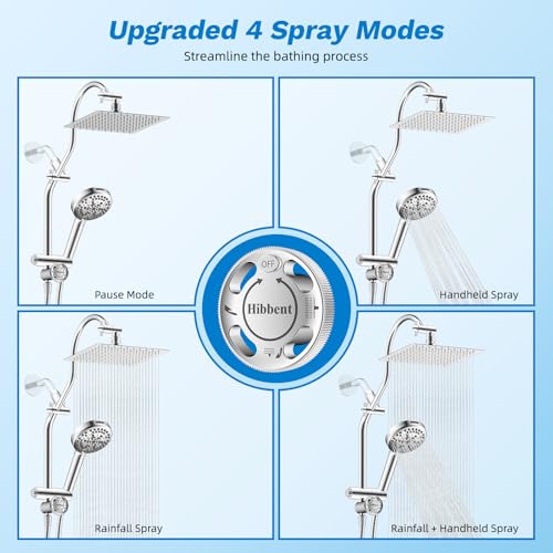 Image of Hibbent High Pressue All Metal 8 inch Rainfall Shower Head, Handheld 10-Spray | cUPC Certified Chrome Dual Showerhead Combo, 4-way Diverter with Pause Mode, Brass Extension Arm, 71'' Shower Hose & Holder