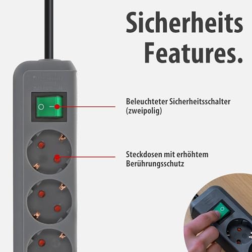 Brennenstuhl Eco-Line, Steckdosenleiste 3-Fach (Mehrfachsteckdose mit erhöhtem Berührungsschutz, Schalter und 1,5 m Kabel) Silbergrau