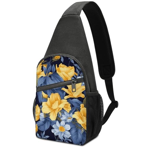 Mochila bandolera liviana floral azul y amarilla miniatura 1