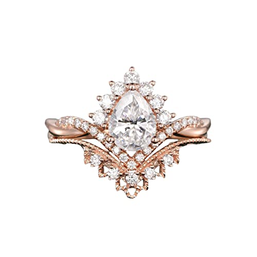 1-1/2 Carat (ctw) Wedding Sets for Women 10K/14K/18K or Platinum Plated Pear Vine Vintage Inspired V Shaped Engagement Rings sets