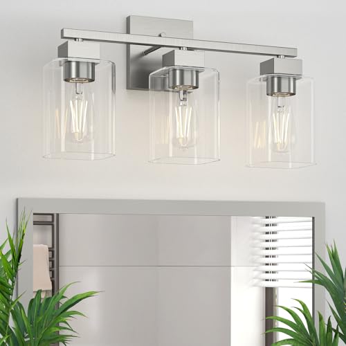Image of Brush Nickel Bathroom Vanity Light - 3 Light Bathroom Light Fixture Square Design & UL Certification & Square Bath Room Lights Fixture Over Mirror