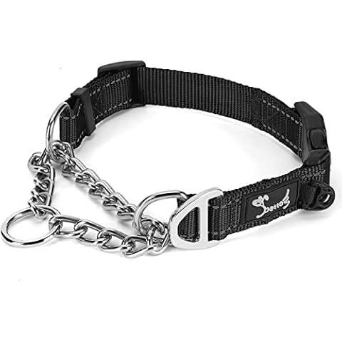 PETTOM Martingale Half Dog Choke Collar, Safety Metal Chain, Chew Proof Reflective Nylon Padded with ID Ring Adjustable Small Dog Collar (M: Neck 43-52 CM, Black) Cover