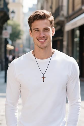 Image of Wooden Cross Necklace for Men with Stainless Steel Adjustable Chain 24-26in, Christian Wood Crucifix Pendant Gift for Him