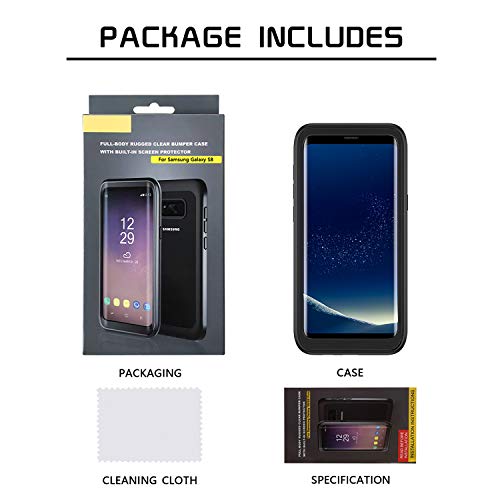 Seacosmo Full Body Galaxy S8 Case, Shockproof Dustproof Rainproof Clear Bumper Extreme Durable Protective Case Cover With Built-In Screen Protector Compatible With Samsung Galaxy S8, Black #TOP7
