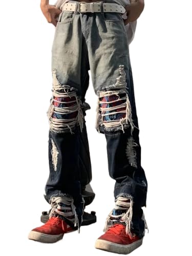 Men's Vintage Y2K Baggy Jeans Relaxed Straight Fit Embroidered Knee & Wave Patch Design Streetwear Rugged Casual Denim Pants