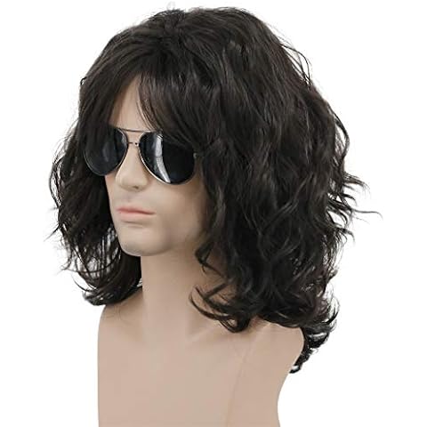 Karlery Men and Women Long Curly Dark Brown California Hard 80s Rocker Wig Halloween Costume Anime Wig Cover