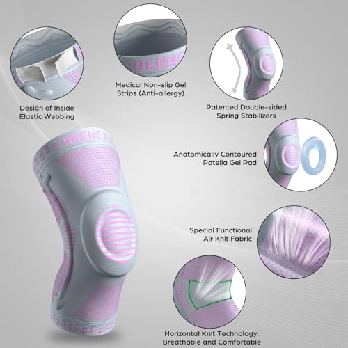 Image of NEENCA Professional Knee Brace for Pain Relief, Medical Knee Support with Patella Pad & Side Stabilizers, Compression Knee Sleeve for Meniscus Tear, ACL, Joint Pain, Runner, Workout (Pink Gray, XS)