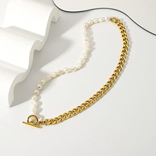Beriso Pearl Necklaces For Women 14K Gold Plated Chunky Cuban Chain Baroque Pearls Ot Buckle Necklace Personalized Vintage Freshwater Pearl Toggle Necklaces Dainty Jewelry Gift For Women Girl Bridesmaid #TOP4