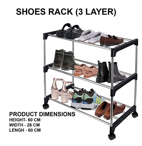 Image of Nisarg - Multipurpose Rustproof Metal, Plastic Shoe Rack, Foldable Wide Storage Rack for Books. Toys, Shoes Easy to Move & Assemble (Rustproof) with Wheels (3 Shelves)