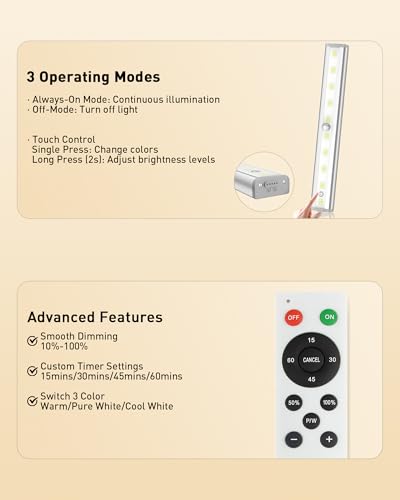 Image of SZOKLED Under Cabinet Lights, 20LED Under Cabinet Lighting Rechargeable, Remote LED Closet Lights Bar, Under Counter Lights for Kitchen Shelf Pantry Shelf Hallway Stairs, 3 Colors 6 Pack