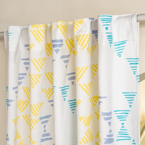 Image of Tranquebar Curtain Co. Window Curtains 5 Feet, 60-65% Room Darkening,Yellow-Mint Geometric Print,Cotton Curtains for Window, Cotton Curtains 5 Feet Long Set of 2, BackTab Loops,Aztec(152 cm)-Set of 2