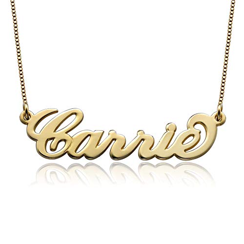 Personalized 14k Solid Gold Double Thickness Name Necklace Custom Made Classic Nameplate Inscription for Women (14k Solid Gold)