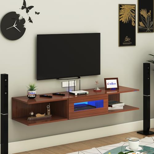 Image of Anikaa Vetra Wall Mount Modern Floating TV Unit for Living Room with Open Shelf Storage Cabinet & Middle Cabinet Blue LED Light (Ideal for 32 to 65 inch TV, DIY Installation, Walnut Finish)
