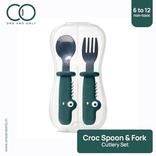 Image of Baby Spoon and Fork Set, Green Stainless Steel & Silicone Toddler Cutlery Set with Dinosaur Case, 2 Pc, Self Feeding Utensils for Baby Meals School and Travel, Mealtime Essential