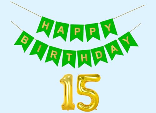 Image of 15th Happy Birthday Decoration Kit Green for 15 year Old Boys Girls Teenage with Number Fifteen Party Decorations Decor Celebration Items Item Set Combo Reusable Paper Banner