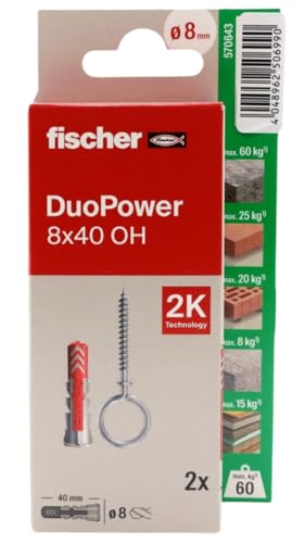 fischer - Duopower 8 x 40 avec broche fermée - 2U, chevilles murales multi-matériaux, pour accrocher des vélos, des cadres, des armoires, des supports de télévision, des étagères, des meubles.