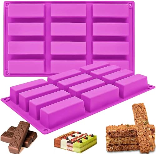 YJWYDM Silicone Granola Bar Molds Rectangle for Energy Bars Cereal Protein Brownie Cheesecake & More - Chocolate & Candy Molds 12 Cavity Pack