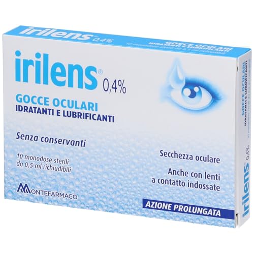 Irilens Gocce Oculari Idratanti e Lubrificanti 0,4% - 10 Monodosi Sterili da 0,5 ml - Azione Prolungata - Secchezza Oculare - Anche con Lenti a Contatto Indossate