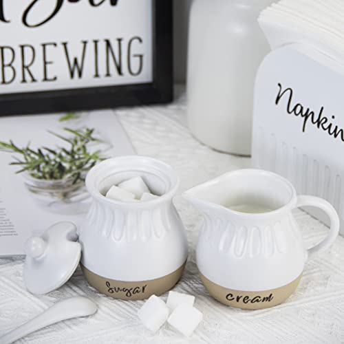 Karisky Sugar and Creamer Set, Ceramic Cream Pitcher, Sugar Bowl with Lid and Spoon, Modern Farmhouse Coffee Serving Container Set, White and Natural