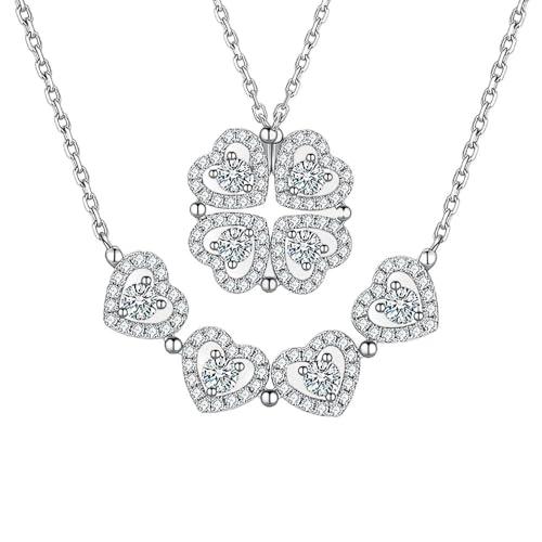 2-in-1 Moissanite Clover Heart Necklace for Women Dual Mode Moissanite Necklace 0.3CT*4 Heart Pendant Transforms to Four Leaf Clover Charm 925 Sterling Silver Plated with Platinum Gifts for Valentines Day New Year Birthdays Anniversaries One Necklace Two Wearing Methods(Silver)