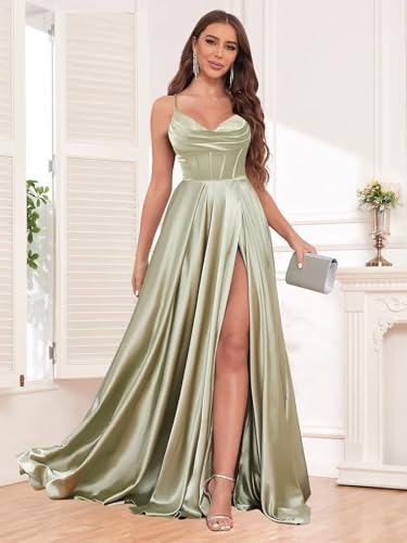 Spaghetti Straps Prom Dresses for Women with Slit Pockets Pleated A-Line Satin Corset Formal Party Gown2