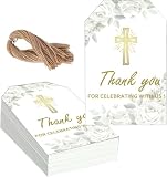 Etichette di ringraziamento per battesimo, 50 pezzi, con croce di ringraziamento per festeggiare con noi, etichette di carta per regalo benedetto da Dio con cordino in lamina d'oro, per feste