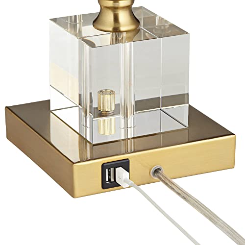 Possini Euro Design Wayne Modern Art Deco Table Lamps 29 1/4" Tall Set Of 2 With Usb Charging Port Brass Metal Crystal White Drum Shade For Living Room Bedroom House Bedside Nightstand Home Office #TOP6