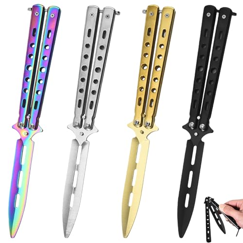 Butterfly Trainer, 4 Stück Butterfly Messer zum Üben Ungeschärfte Klinge Übungs Kamm Edelstahl für Trainingsmesser Anfänger Flipping Tricks üBt (Schwarz, Weiß, Bunt, Gold)
