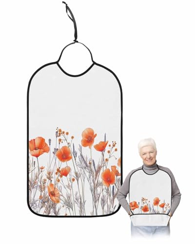 LEOKOTI Orange Spring Floral Adult Bibs for Eating, Waterproof Bibs with Food Catcher & Adjustable Snap Closure, Watercolor Summer Botanical Washable Clothing Protectors Adult Bibs for Elderly