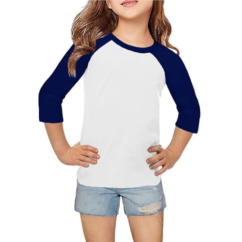 3/4 Length Sleeve Girls Shirts Crew Neck Color Block Blouses Half Sleeve Tops Curved Hem Kids Summer Outfits - Main Image