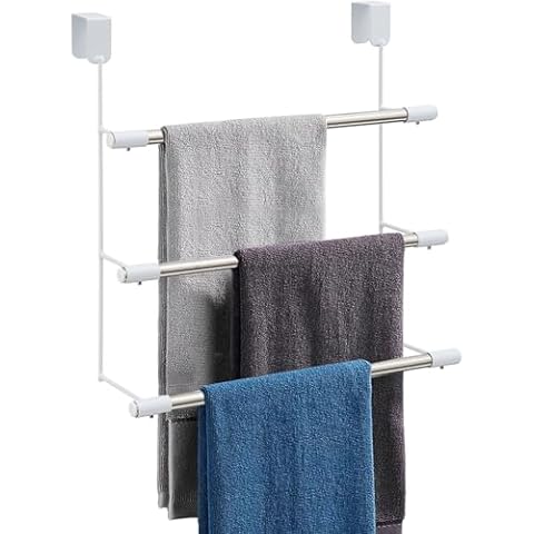 Over The Door Towel Racks for Bathroom, No-Drill Towel Holder for Bathroom Door, 3-Tier Metal Over The Door Towel Bar for Door, Glass Shower Door Cover