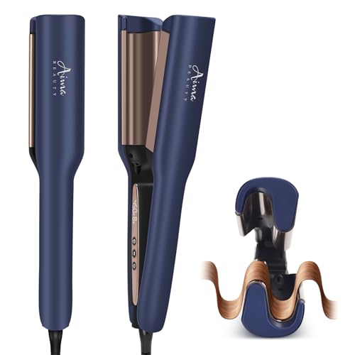 Image of Aima Beauty 1 Inch Deep Wave Curling Iron Hair Crimper Waver Beach Waves | Memory Timer Hair Waver, Adjustable Temp Travel Dual Voltage Anti-Scald Lasting Style Ionic Anti-Frizz, Prussian Blue