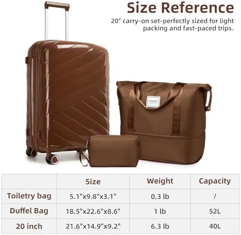 기내용 수하물 55.9x35.6x22.9cm(22x14x9인치) 항공사 승인, 55.9cm(22인치) PP 하드쉘 수하물 기내용 가방, 스피너 휠이 있는 기내용 가방,, 모카, 3피스 세트 (더플 백) — 사진 6